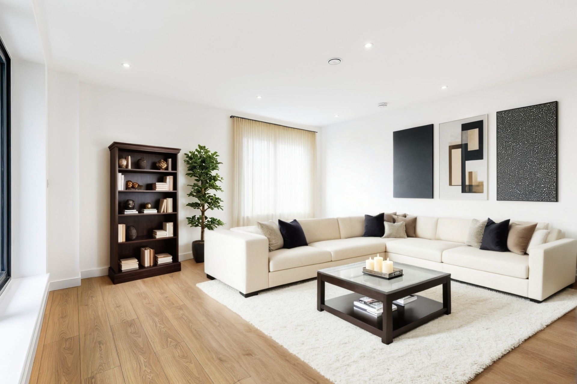 Property visualisation of a bright living room with a cream sofa and timber flooring.
