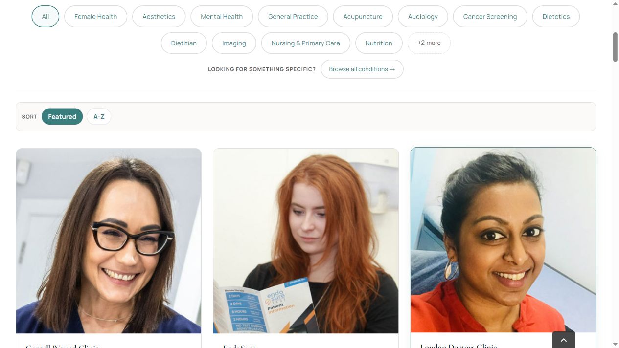 The Health Village directory showing specialism filters and real practitioner profile cards.